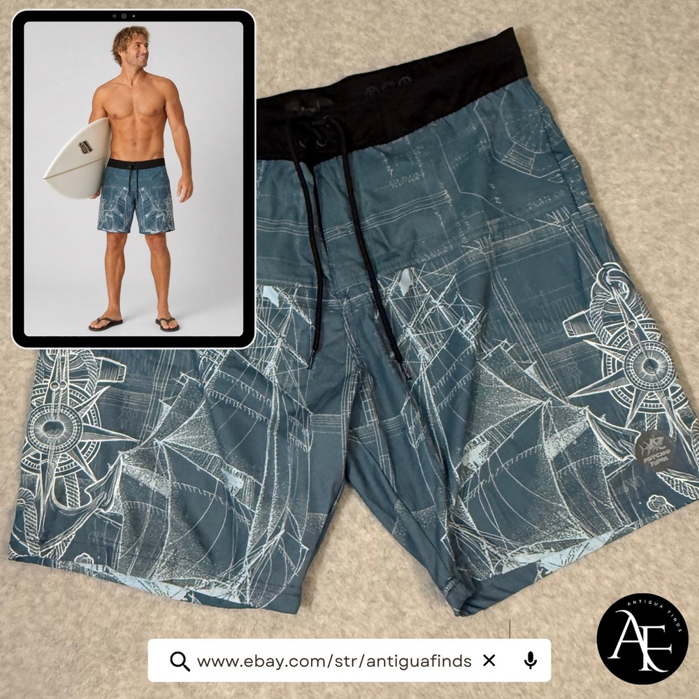 Psycho Tuna Mens Nautical Ship Print Board Shorts Blue White Swim Trunks Size 34